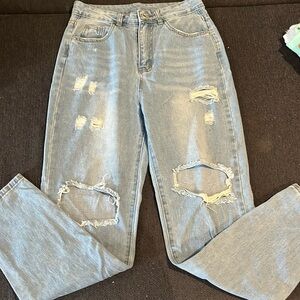 High Rise Straight Ripped Jeans